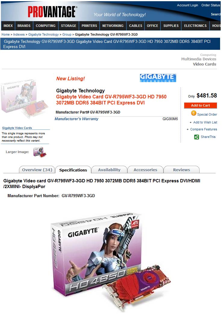 Gigabyte Radeon HD 7950 (GV-R795WF3-3GD) замечен в продаже