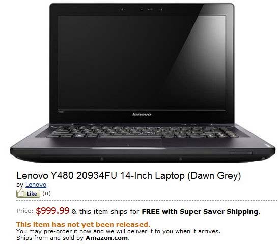 Lenovo предлагает ноутбук с процессоров Ivy Bridge - Y480