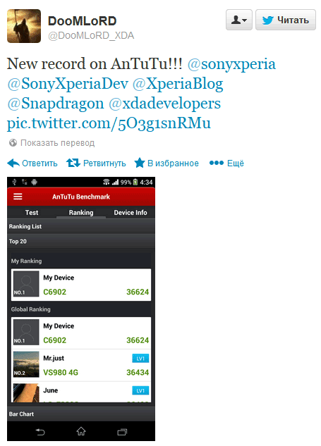 Sony Xperia Z1 занимает первое место в AnTuTu
