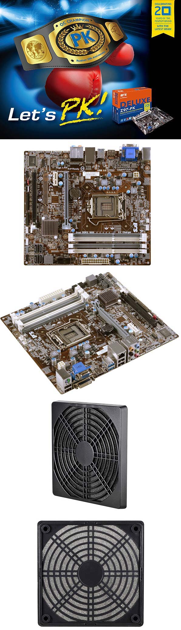 На фото показана плата ECS Z97-PK и фильтр Spire DustGuard