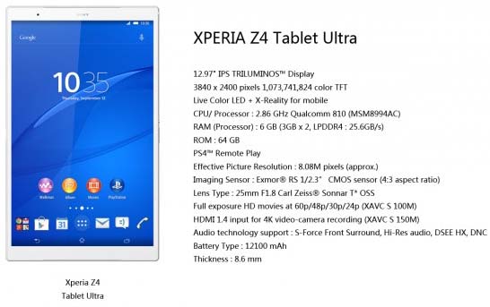 На фото предполагаемые сведения о планшете Sony Xperia Tablet Z4 Ultra