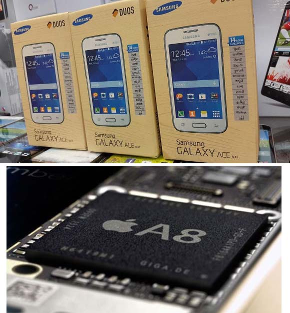 На фото показан аппарат Samsung Galaxy Ace NXT и SoC A8 от Apple