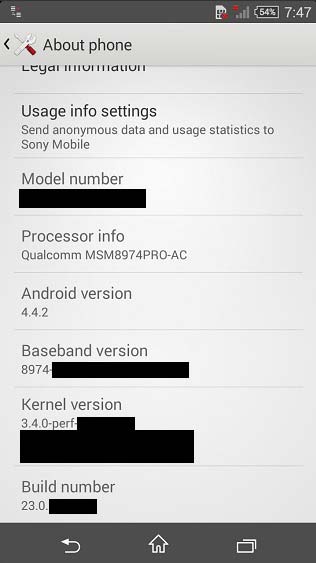 На фото данные об устройстве Sony Xperia Z3 Compact