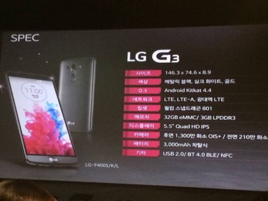 Данные об LG G3 на фото
