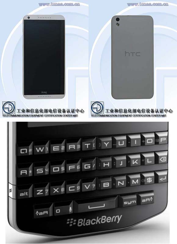 На фотографии показаны аппараты HTC Desire D816h и BlackBerry Q20 Classic