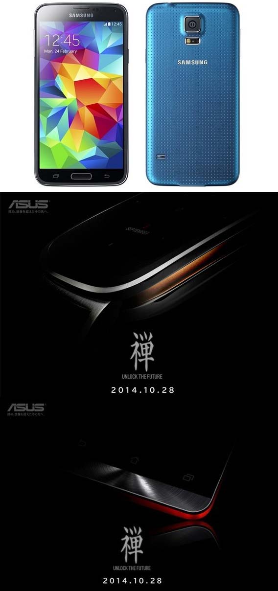 На фото можно увидеть Samsung Galaxy S5 Plus и новинки от ASUS - ZenWatch и ZenFone