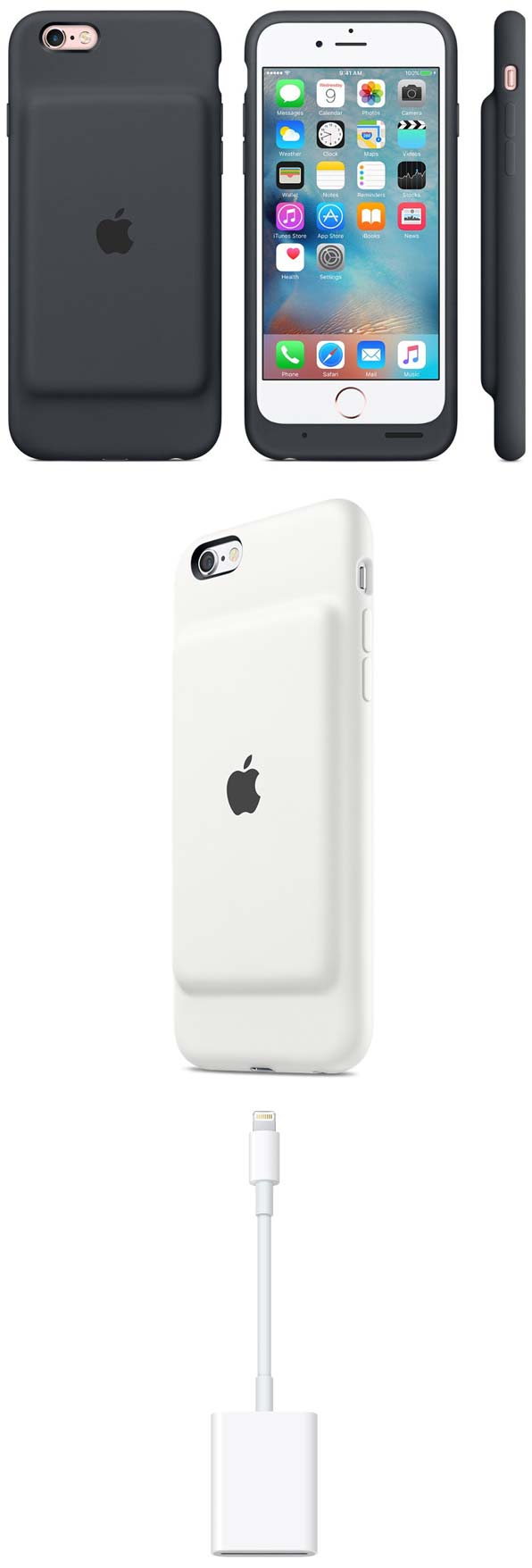 На фото Apple iPhone 6s Smart Battery Case и Lightning to SD Card Camera Reader