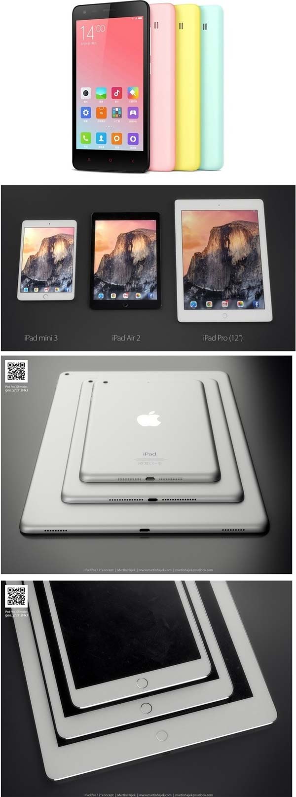 На фото аппарат Xiaomi RedMi 2 и рендер Apple iPad Pro