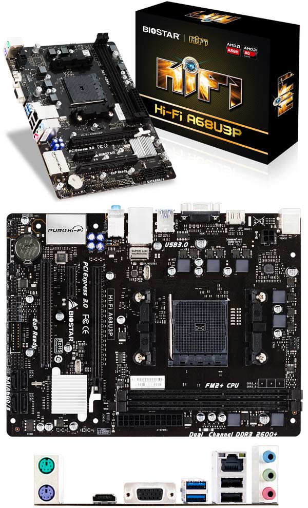 На фото показана системная плата Biostar Hi-Fi A68U3P