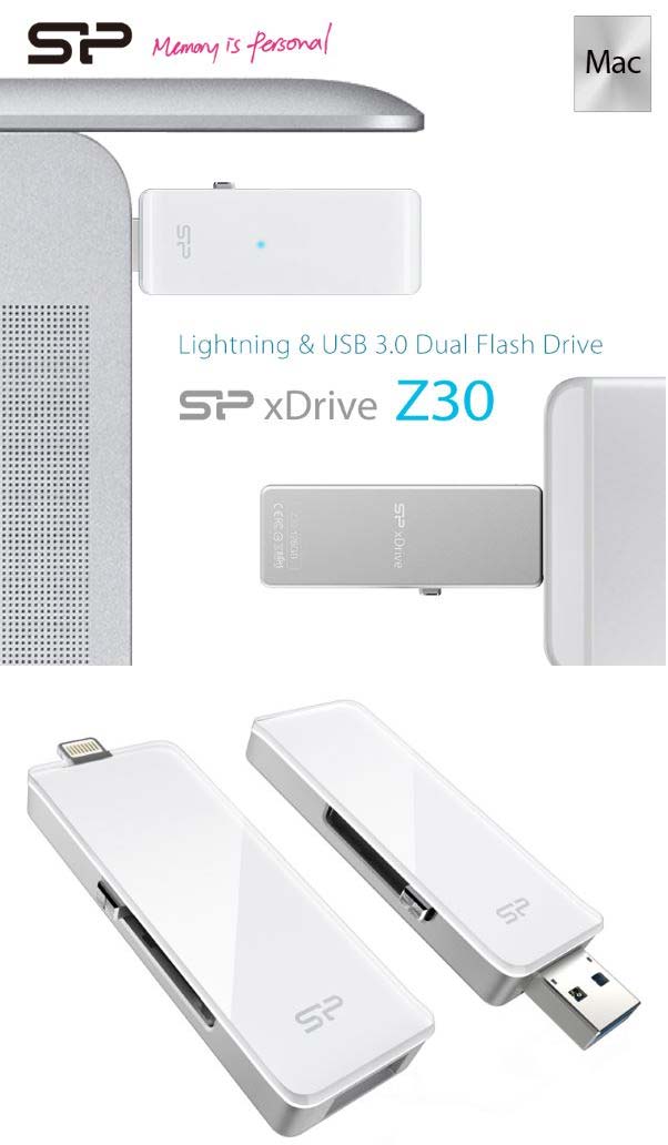 На фото показан накопитель SP xDrive Z30 Lightning Dual USB Flash Drive